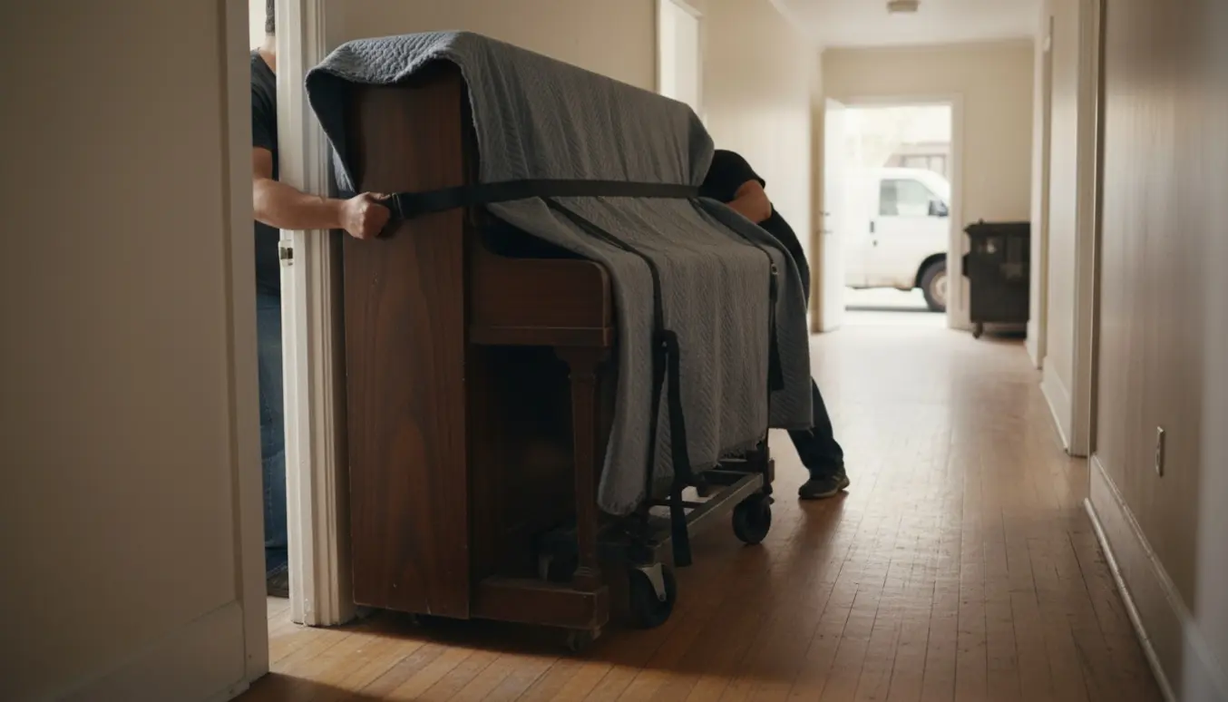 Et indpakket klaver trækkes gennem en smal opgang mod en parkeret varebil på vej til genbrugsstation, med hænder og beskyttelsestæpper i fokus.