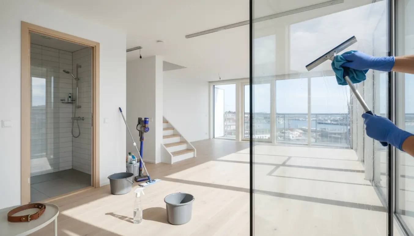 Rengøringshænder pudser glas på altanen i en lys, tom lejlighed klar til udflytning.