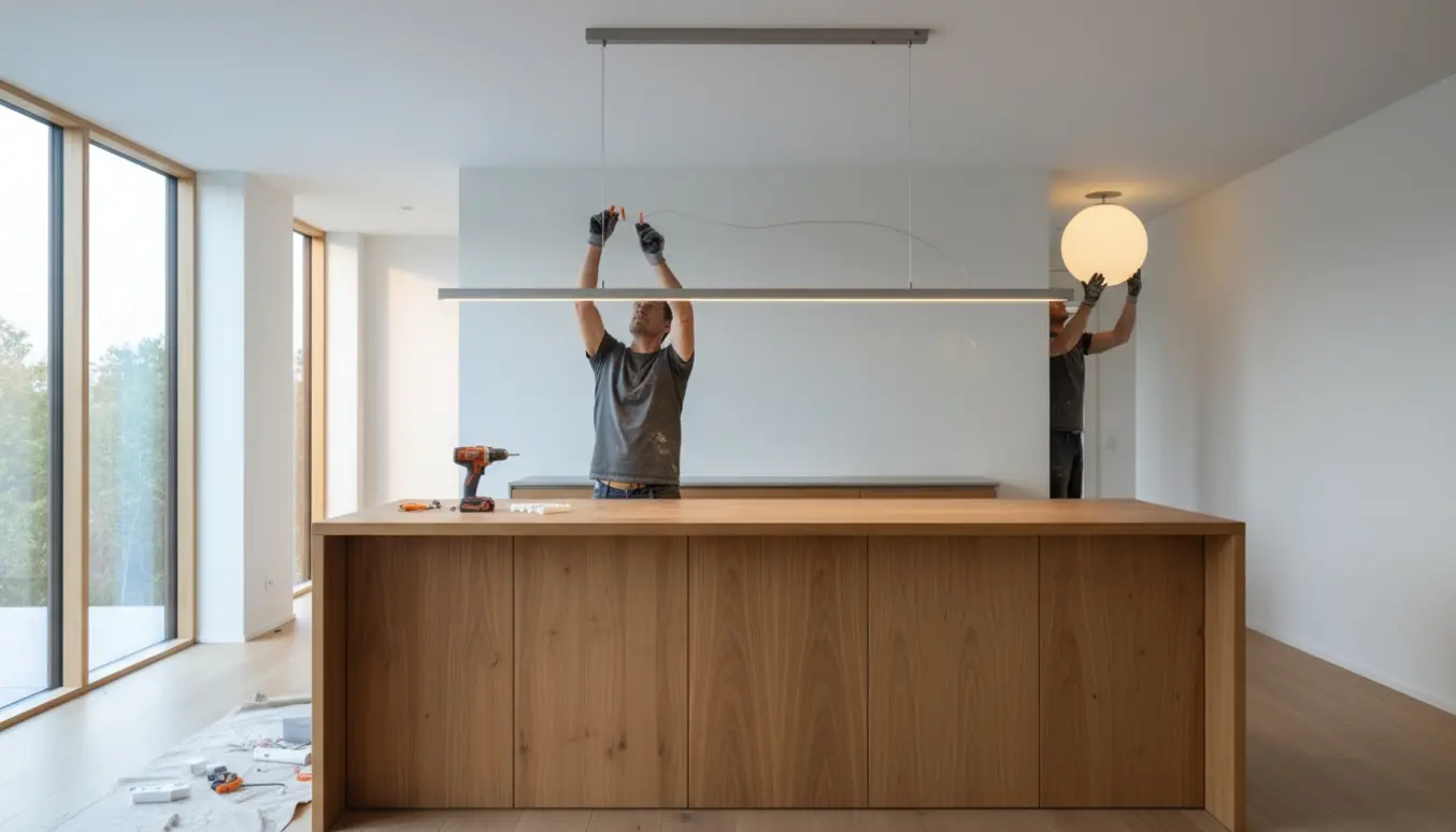 Montører monterer en Fritz Hansen Oneliner over en køkkenø i gipsloft, mens en opal loftlampe sættes i entréen.