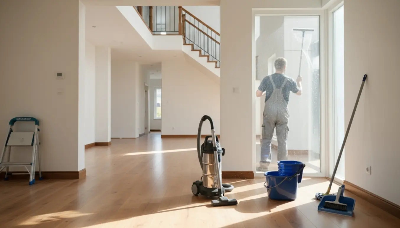 Rengører pudser indvendigt vindue i et tomt fler-etagers hjem med støvsuger og spand i naturligt dagslys.