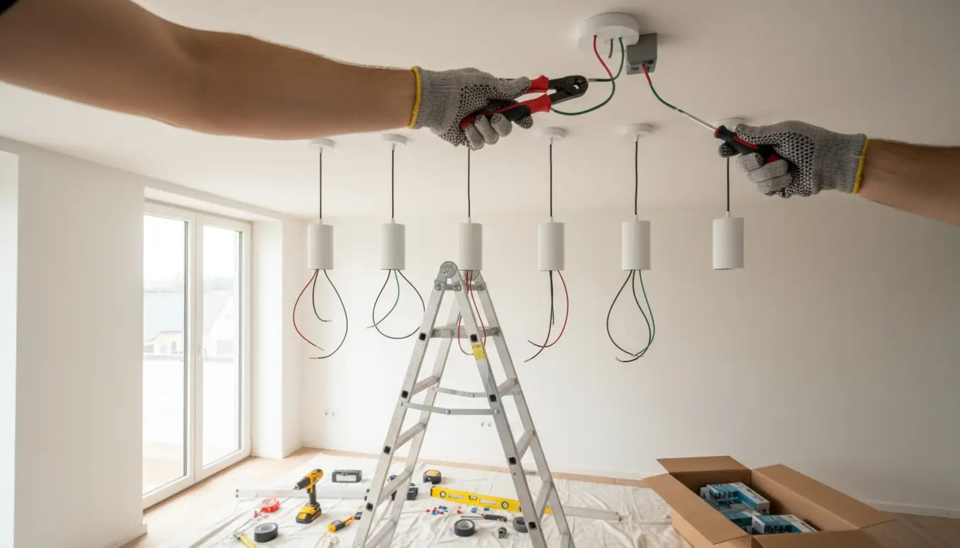 Installation af 5–6 enkle loftslamper i et rum med 3 m loft, fokus på hænder, stige og værktøj.