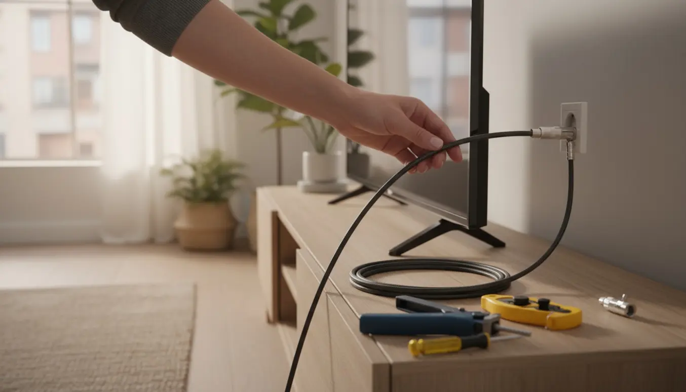 Hænder tilslutter et antennekabel fra vægstikket til et moderne TV i en lyst, ryddeligt opholdsrum.