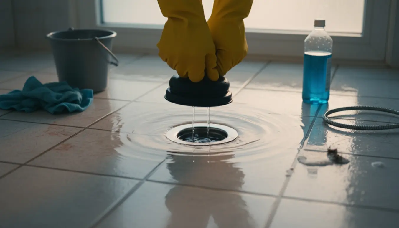 Nærbillede af et oversvømmet badeværelsesafløb med stående vand, handsker, plunger og afløbsrensflaske.