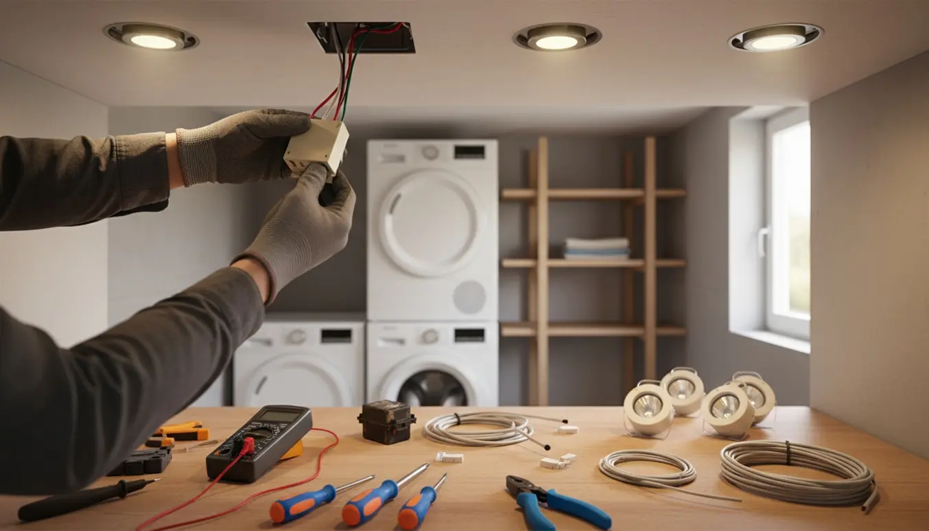 Elektriker udskifter relæ og monterer indbyggede spots i et lille bryggers med værktøj og ledninger på arbejdsbordet.