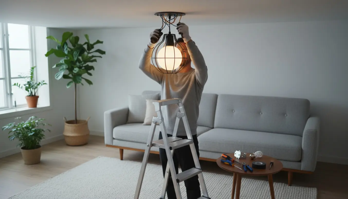 Person på stige installerer en loftlampe i en hyggelig stue med værktøj og varmt lys.