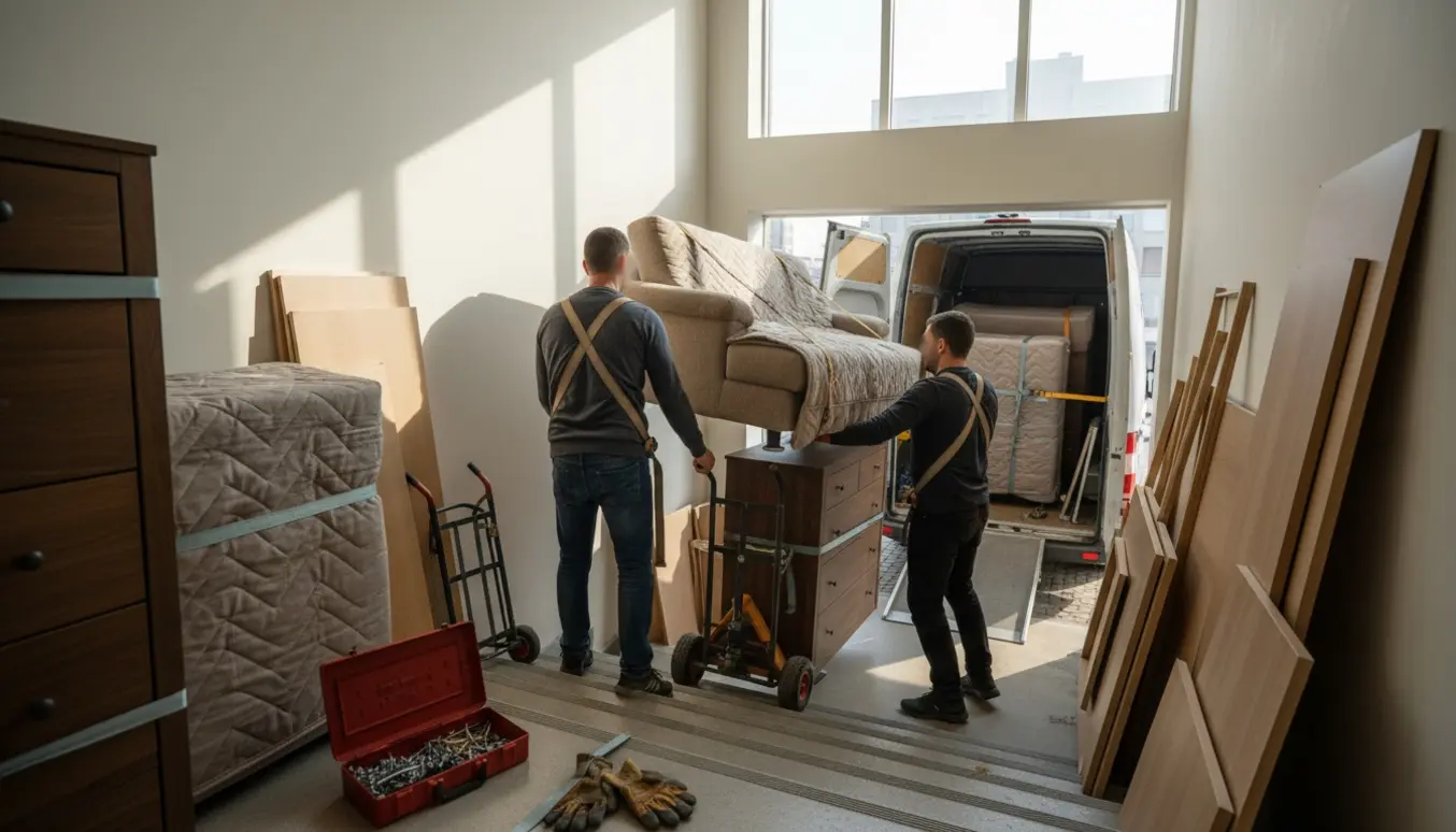 To personer bærer en tung sovesofa ned ad en trappe og læsser kommoder i en varevogn.