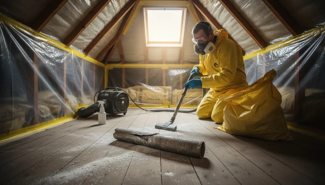 Tekniker i beskyttelsesdragt støvsuger asbeststøv fra et brudt rør i et lille skunkrum.