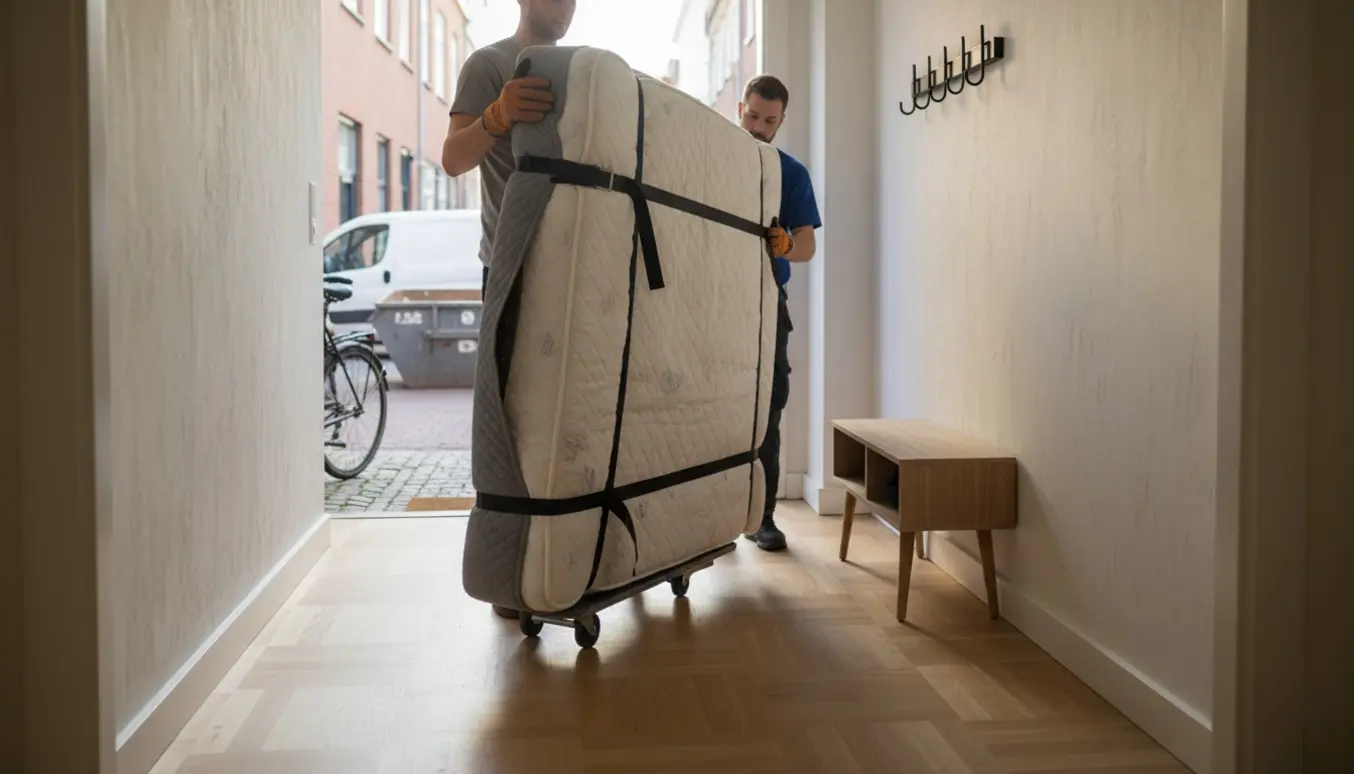 To personer bærer en indpakket boxmadras gennem en smal stuelejlighed mod en åben dør med varevogn udenfor.