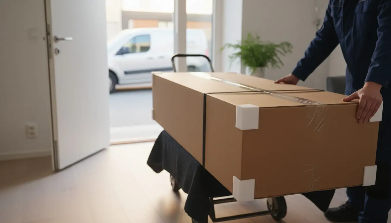 Lang flad papkasse på en tralle i indgangen til en moderne lejlighed, klar til levering.