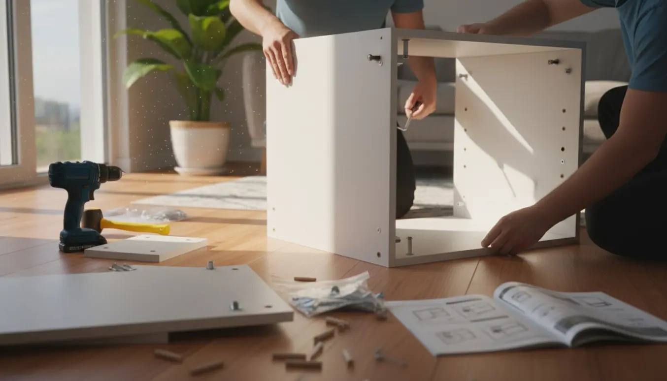 Nærbillede af hænder, der samler et IKEA-skab på trægulvet med værktøj og dele rundt om.