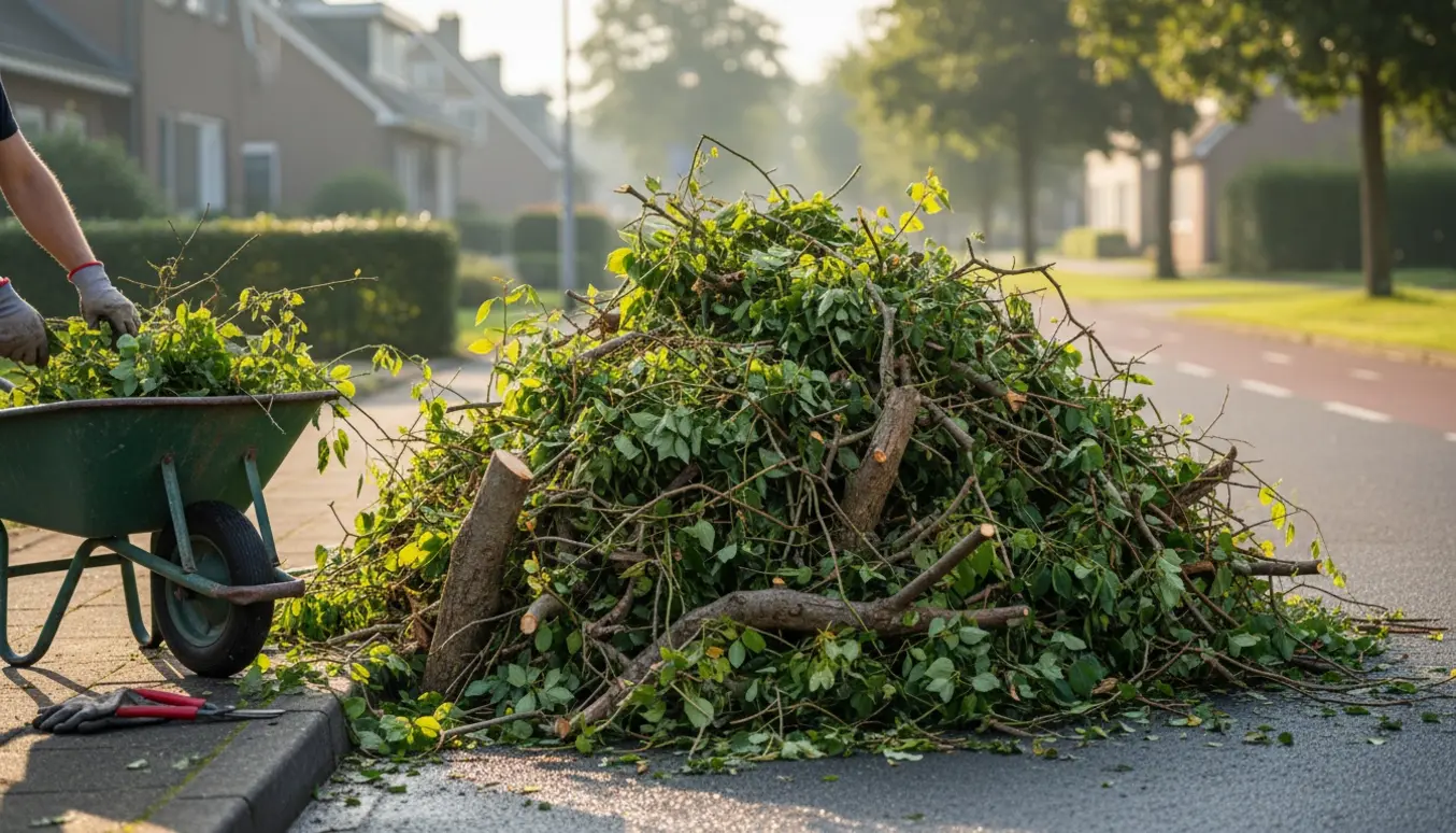 Stor bunke grenaffald lagt ved fortovskanten ved en stille villavej, omgivet af haveredskaber.