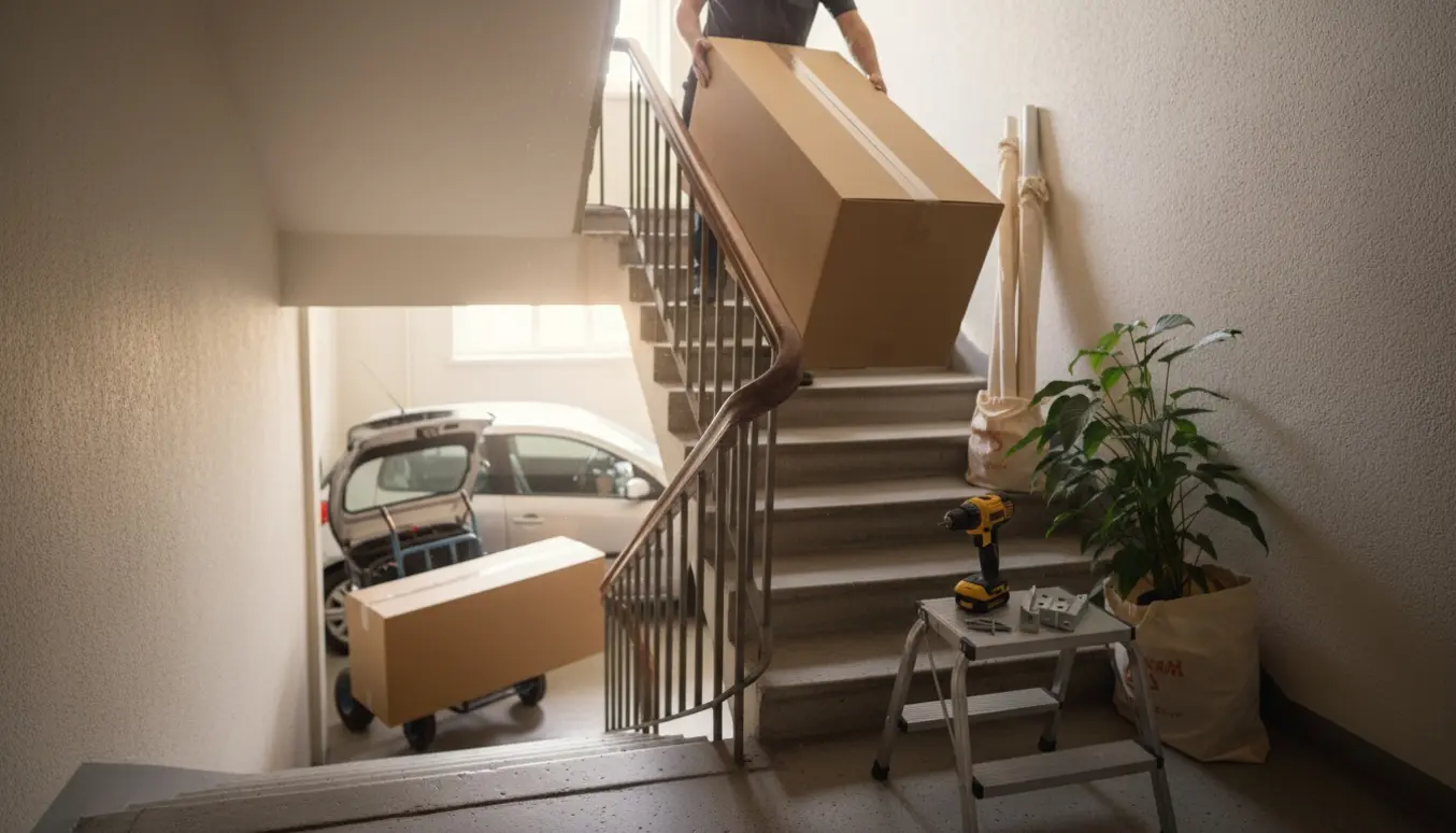 Fladpakket reol, gardinstænger og plante bæres op ad en opgang med en boremaskine og værktøj klar til montering.