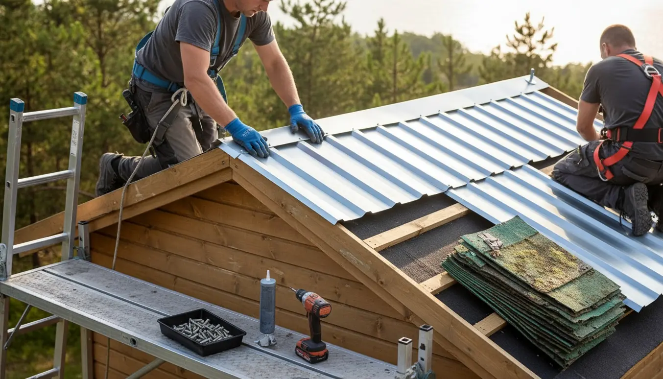 Tagplader udskiftes på et lille sommerhus med værktøj og nye plader på taget.