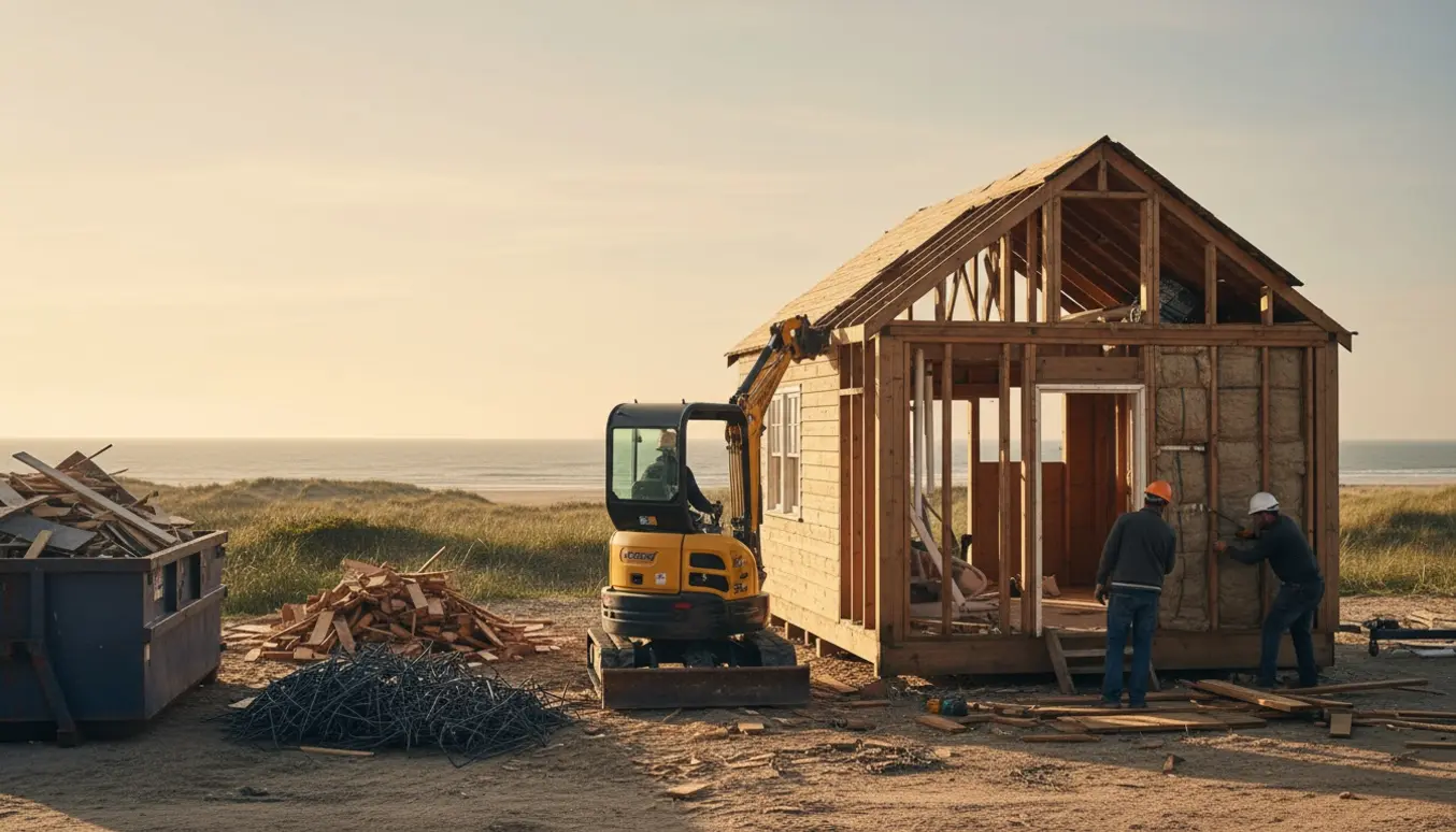 Nedrivning af et træhus ved kysten med maskine, bunker af byggemateriale og container klar til bortskaffelse.