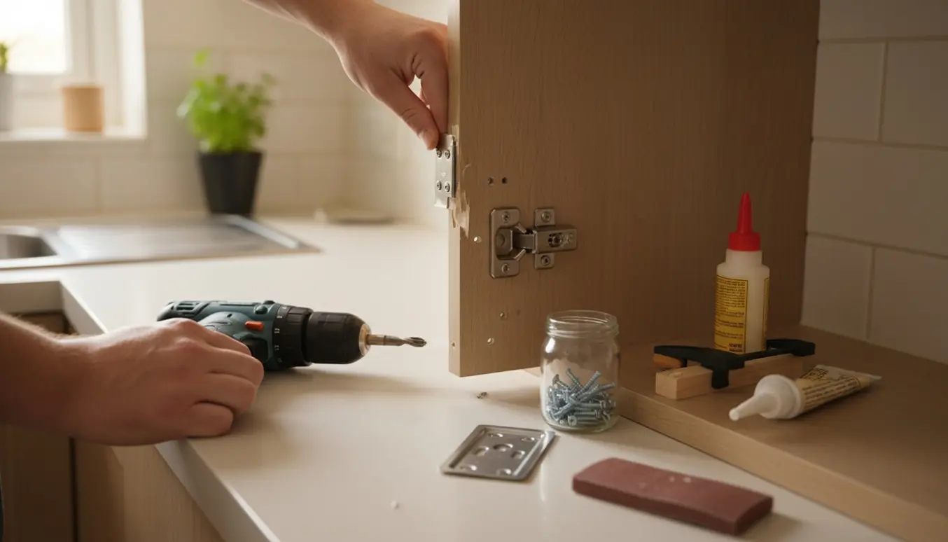 Nærbillede af hænder, der genmonterer en knækket køkkenlåge med hængsler og værktøj.