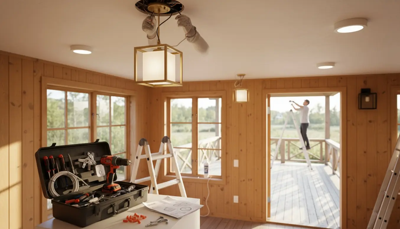 Installatør på stige forbinder ledninger til loftlampe i sommerhus, med udendørslampe monteret på træfacade i baggrunden.