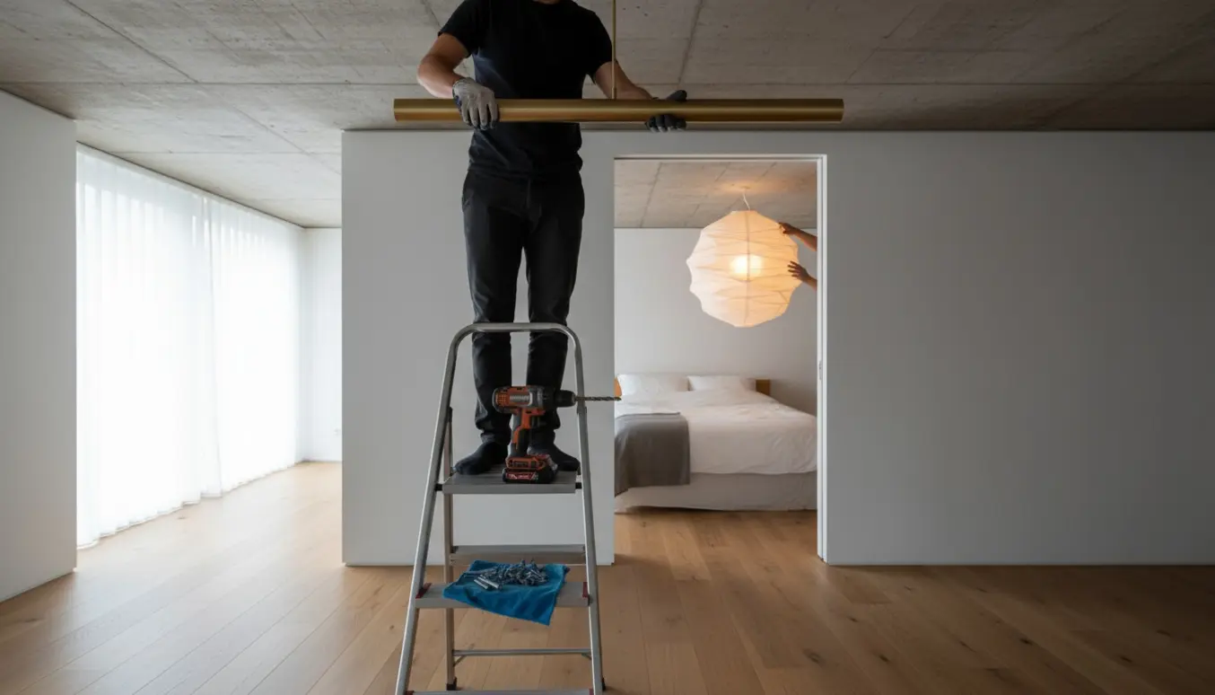 En håndværker monterer en pendel i et betonloft, mens en papirlampe hænger og lyser i soveværelset i baggrunden.