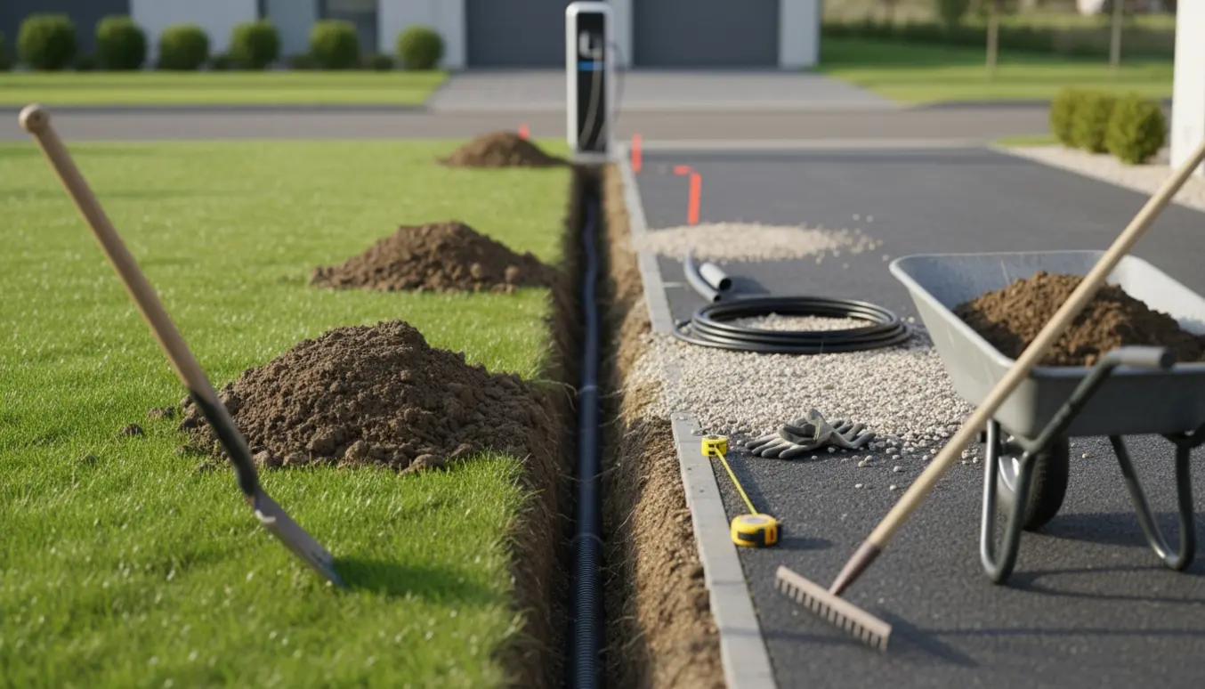 Nyslået kabelrende til elbil med jordbunker langs kanten og forstyrrede perlesten.