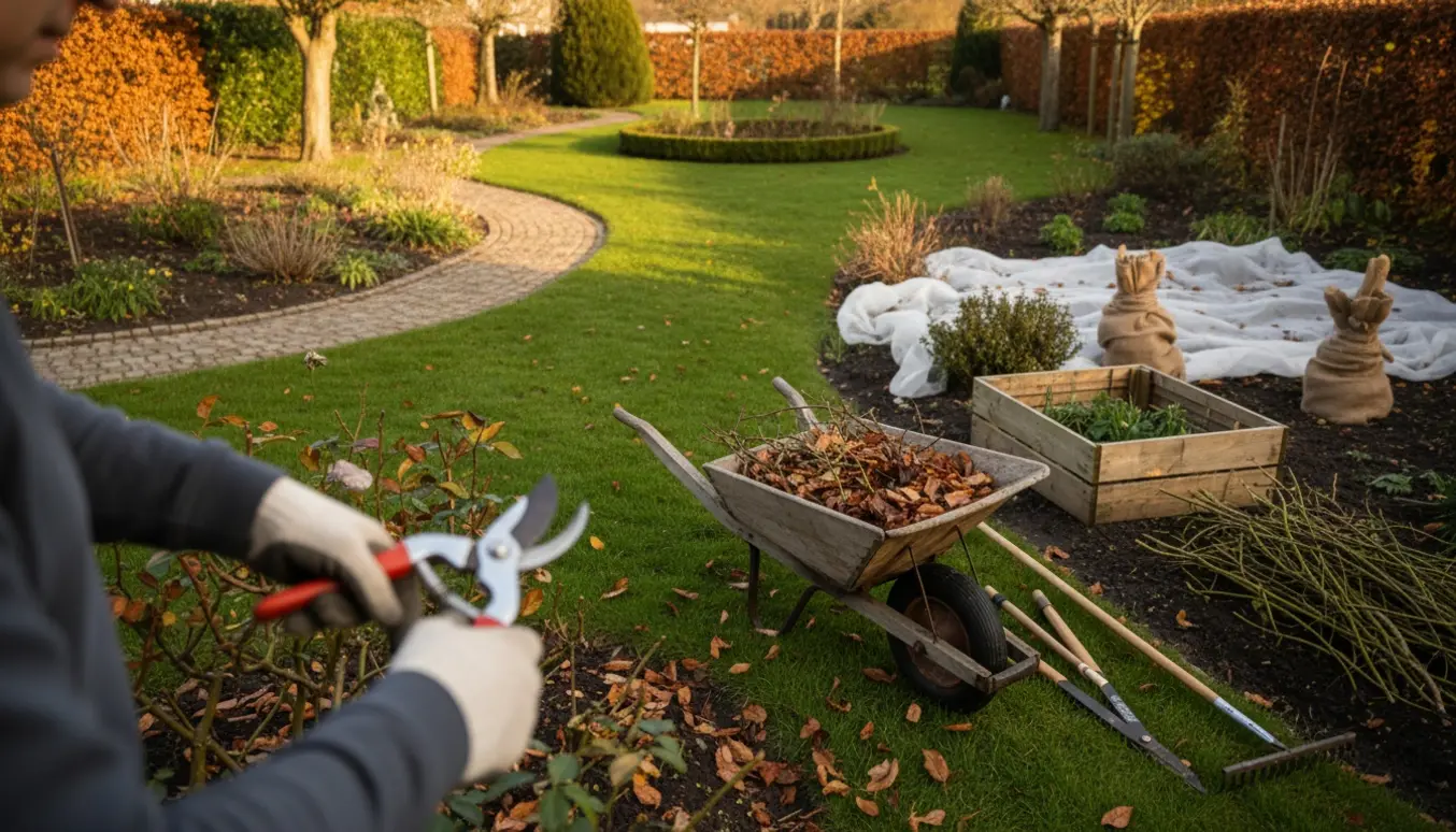 En have klargøres til vinter med beskæring, trillebør, rive og bunker af kviste.