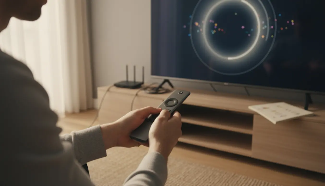 Hænder justerer fjernbetjening og coax-kabel foran en fladskærm under kanalsøgning.