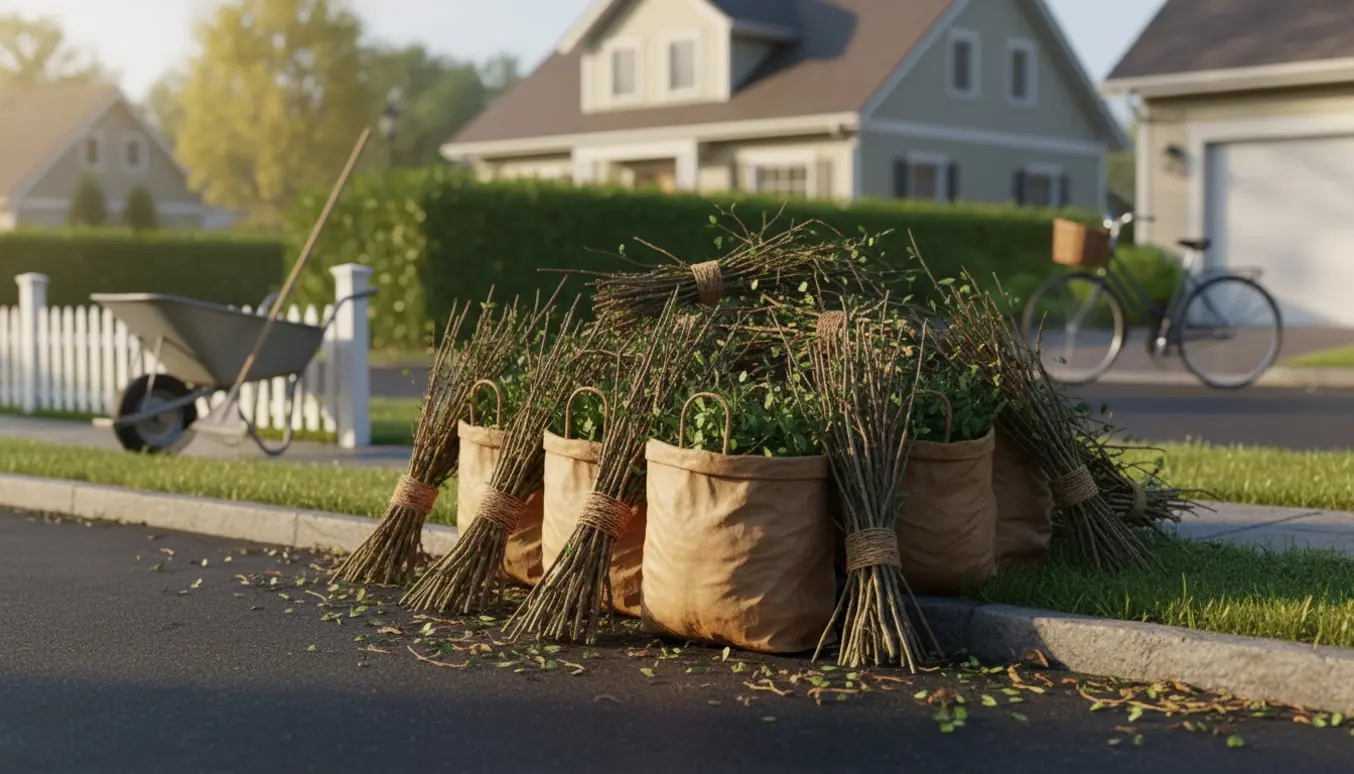 Bundtede grene og haveaffald lagt ved vejkanten klar til afhentning.