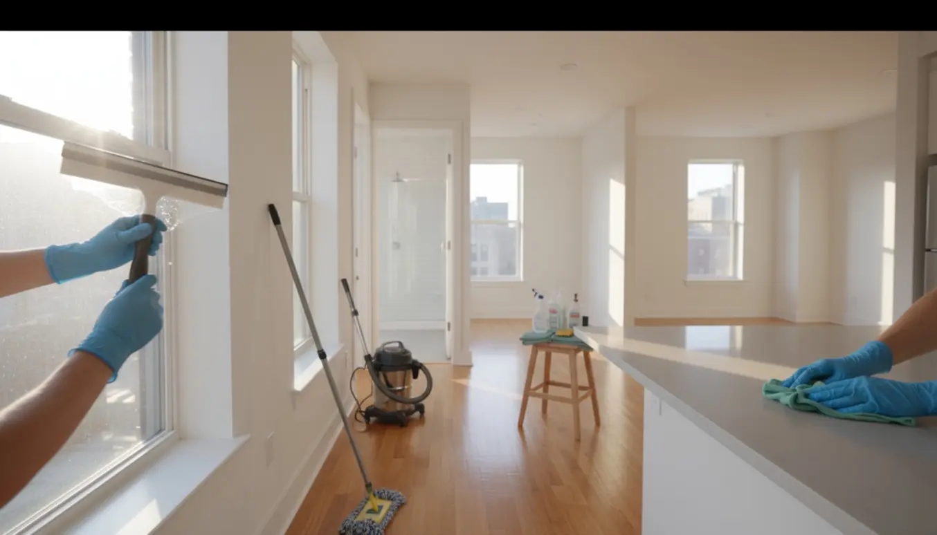 Rengøringshandsker pudser vindue i lys, tom lejlighed med rengøringsudstyr og nyvaskede overflader.