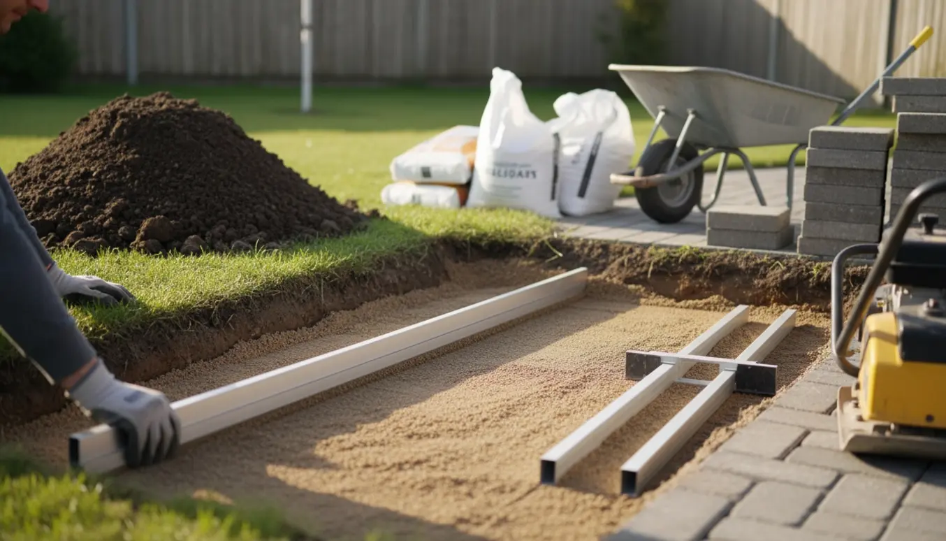 Hænder udlægger stabilgrus i en udgravet indkørsel med stak fliser og pladevibrator i baggrunden.