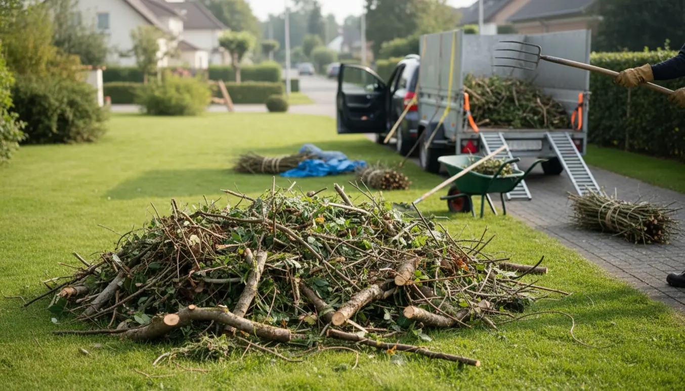 Stor bunke haveaffald ved en græsplæne med trailer parat til afhentning.