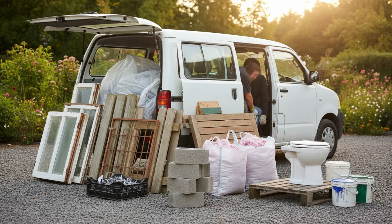 Åben varevogn ved en have fyldt med storskrald: vinduer, isolationssække, cementblokke, et toilet, malerbøtter og en metalport klar til afhentning.