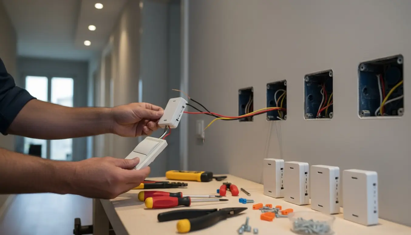 Hænder udskifter en gammel vægdæmper med en ny LED-dæmper, omgivet af værktøj og flere dimmere.