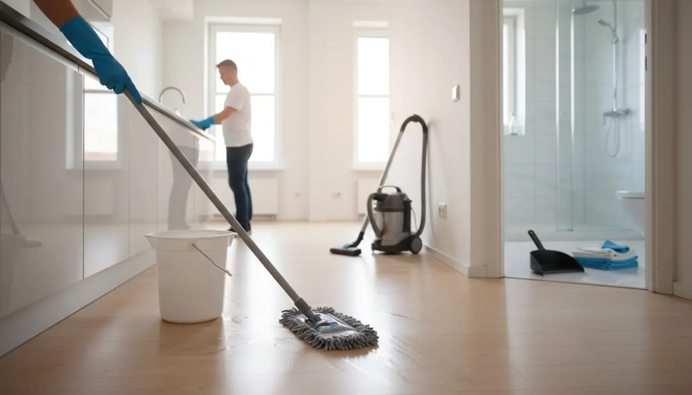 Rummelig tom lejlighed med rengøringshandsker, moppe og støvsuger under flytterengøring i naturligt dagslys.