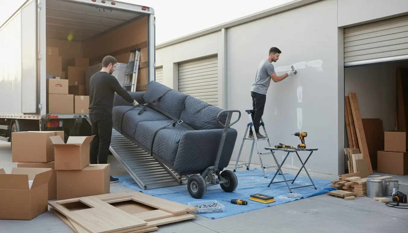 Flyttefolk læsser en lang sofa og kasser i en varevogn, mens en håndværker spartler huller i en væg.