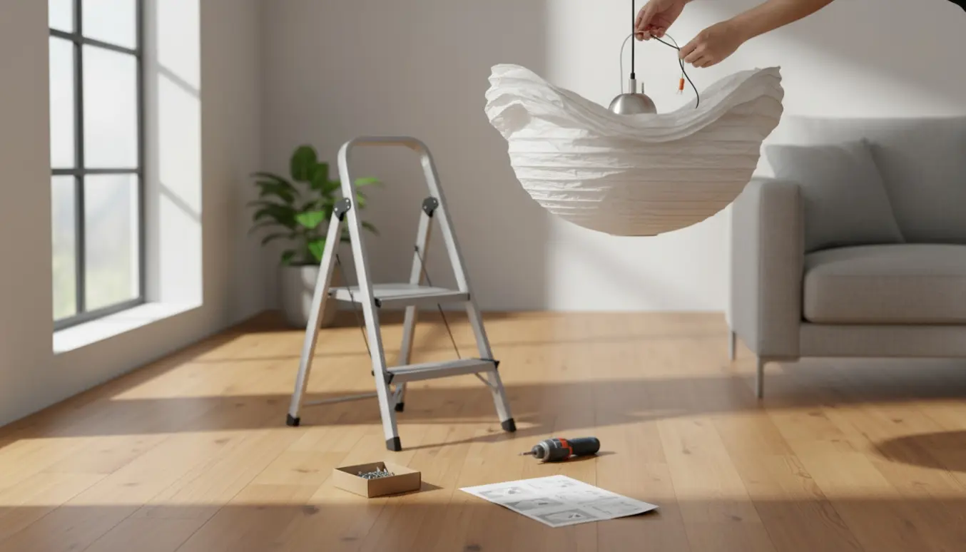 Hænder monterer en papir loftlampe på en lille stige i en lys, nordisk stue.