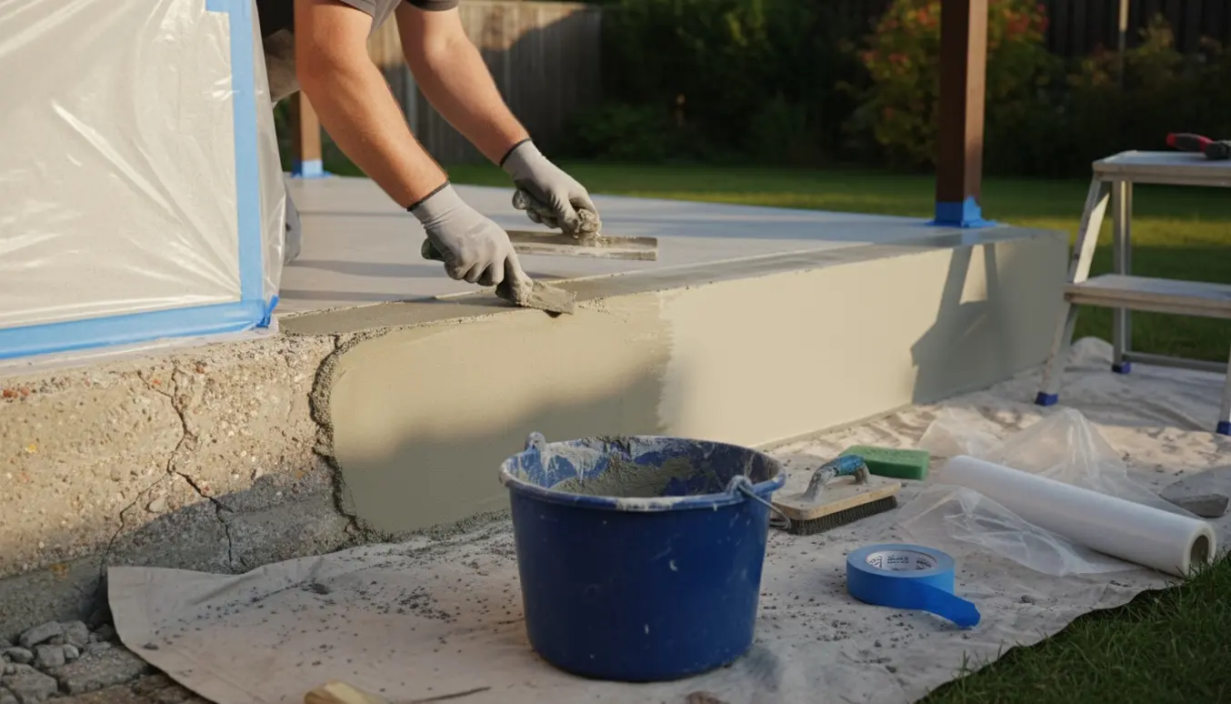 En håndværker pudser en lav sokkel på et hus med murske og våd mørtel.