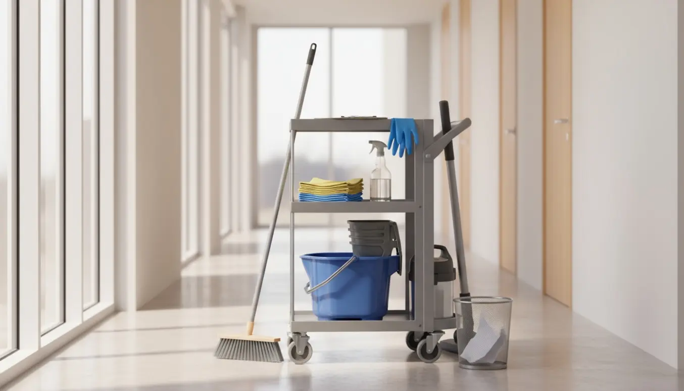 Rengøringsvogn i en lys kontorgang med et tomt klipboard og en krøllet blank seddel i skraldespanden.