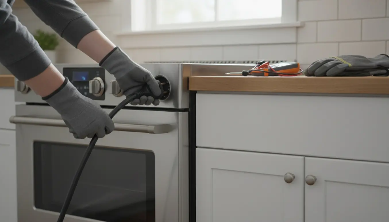 Hænder forbinder et elektrisk komfurs kraftstik til en stikkontakt bag komfuret i et lyst køkken.