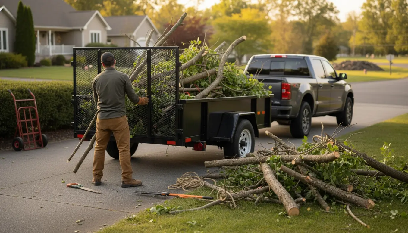 Grene læsset på en åben trailer på indkørslen, en arbejdende person med ryggen til og værktøj ved siden af.
