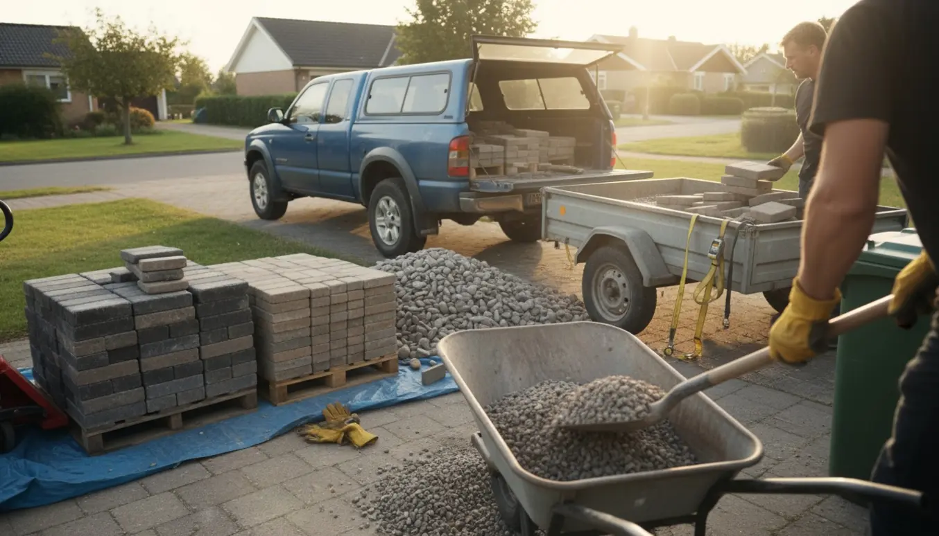 Set bagfra læsses belægningssten og pigsten i en trailer på en indkørsel.
