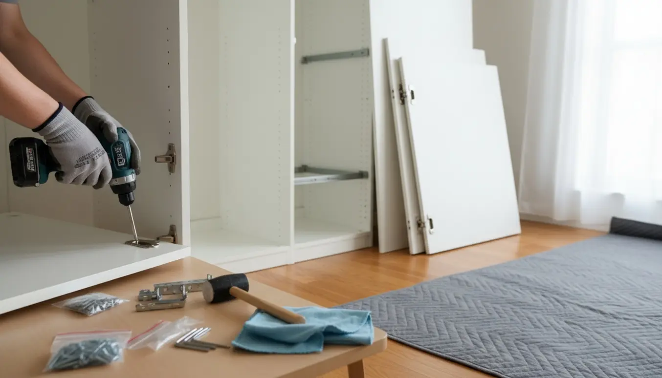 Hænder demonterer et hvidt modulskab på trægulv med værktøj og tydeligt organiserede skruer ved siden af.