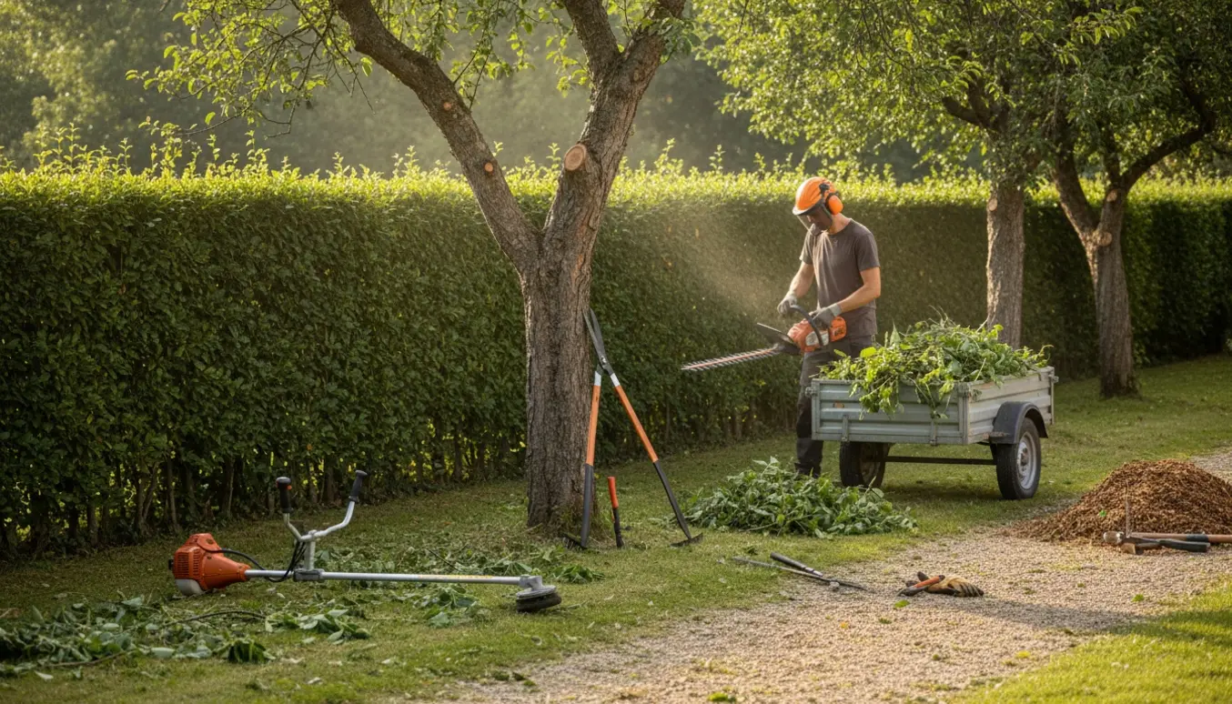 Gartner trimmer en lang hæk med beskårne træer, buskrydder og en trailer med afklip.