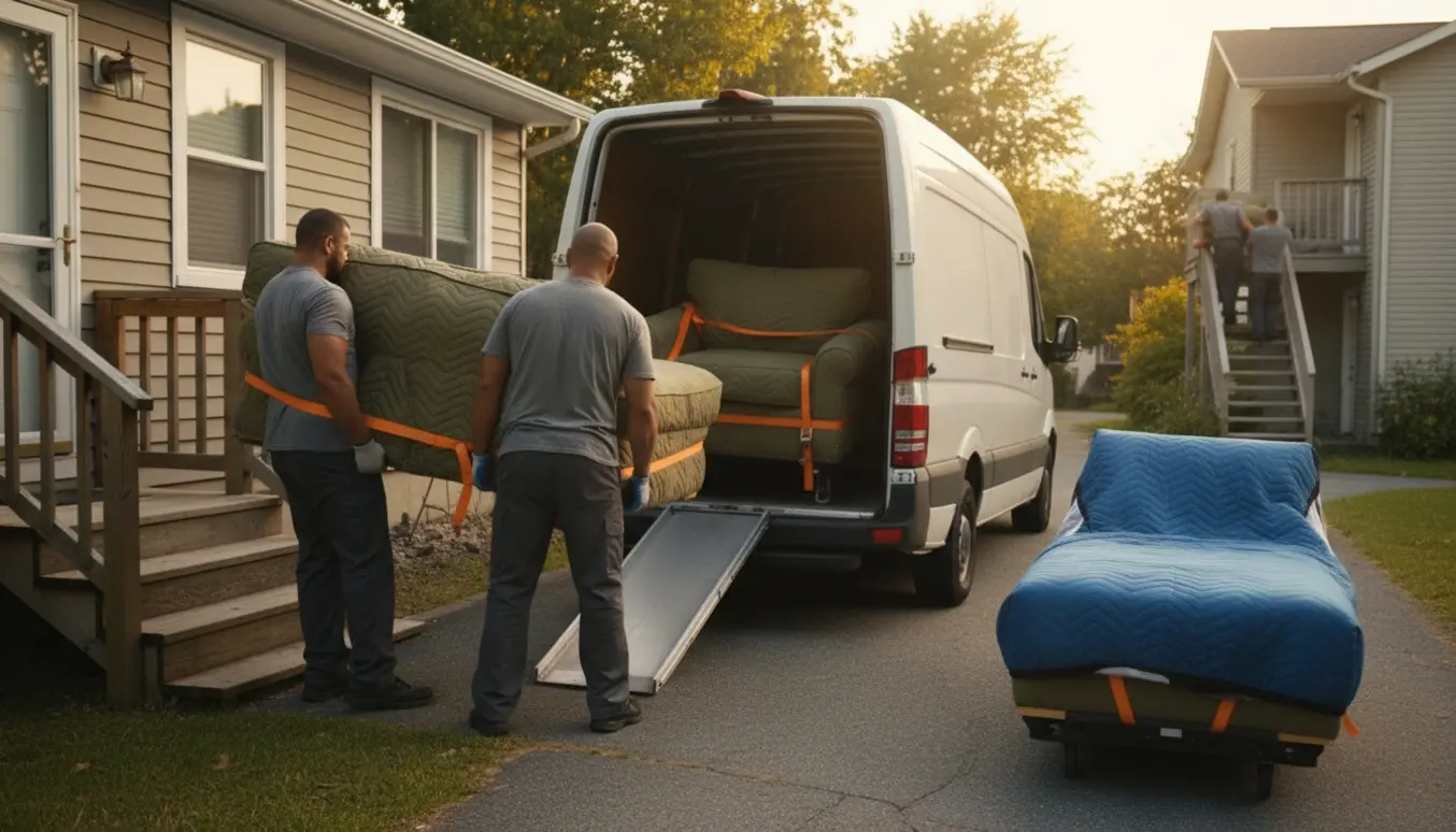 Flyttemænd læsser en stor tredelt chaiselong-sofa ind i en hvid flyttevogn foran et hus.
