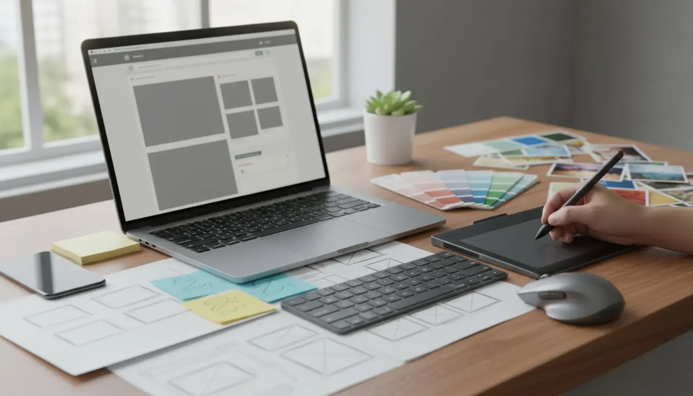 Hænder arbejder på en bærbar med sløret drag-and-drop webside, skitser og farveprøver på et lyst skrivebord.