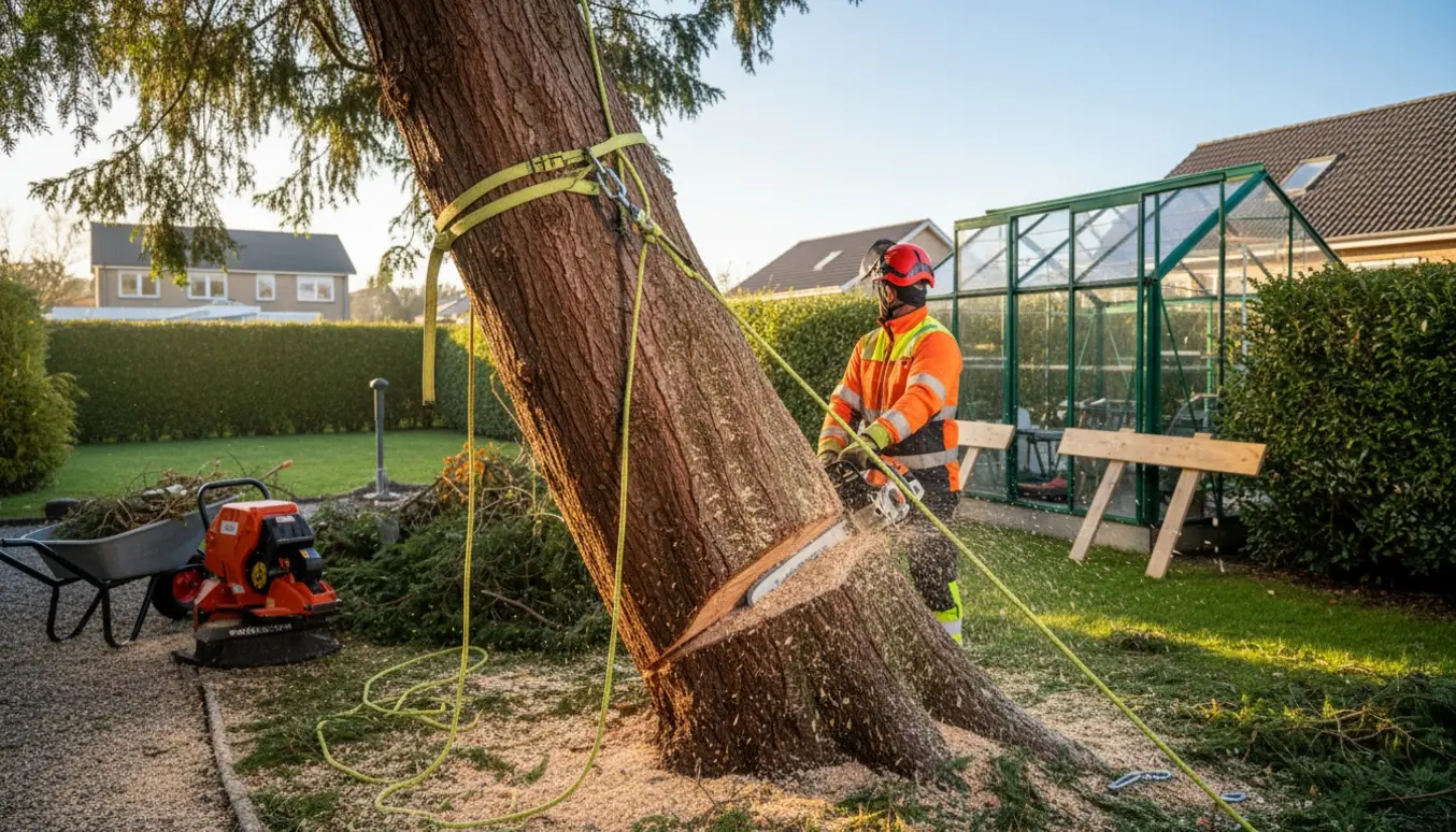En arborist fælder en skæv tuja ved nabohækken med tov og motorsav, mens en rodfræser og drivhus ses i baggrunden.