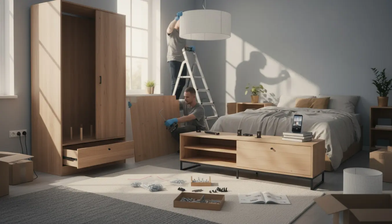 Hænder samler garderobe, kommode og TV-bord i et lyst rum med værktøj og en lampe klar til opsætning.