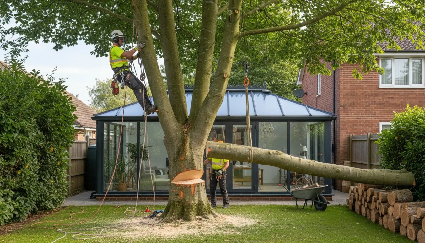 Arborist sænker en del af et 12 m bøgetræ kontrolleret ned på græsset ved udestuen.