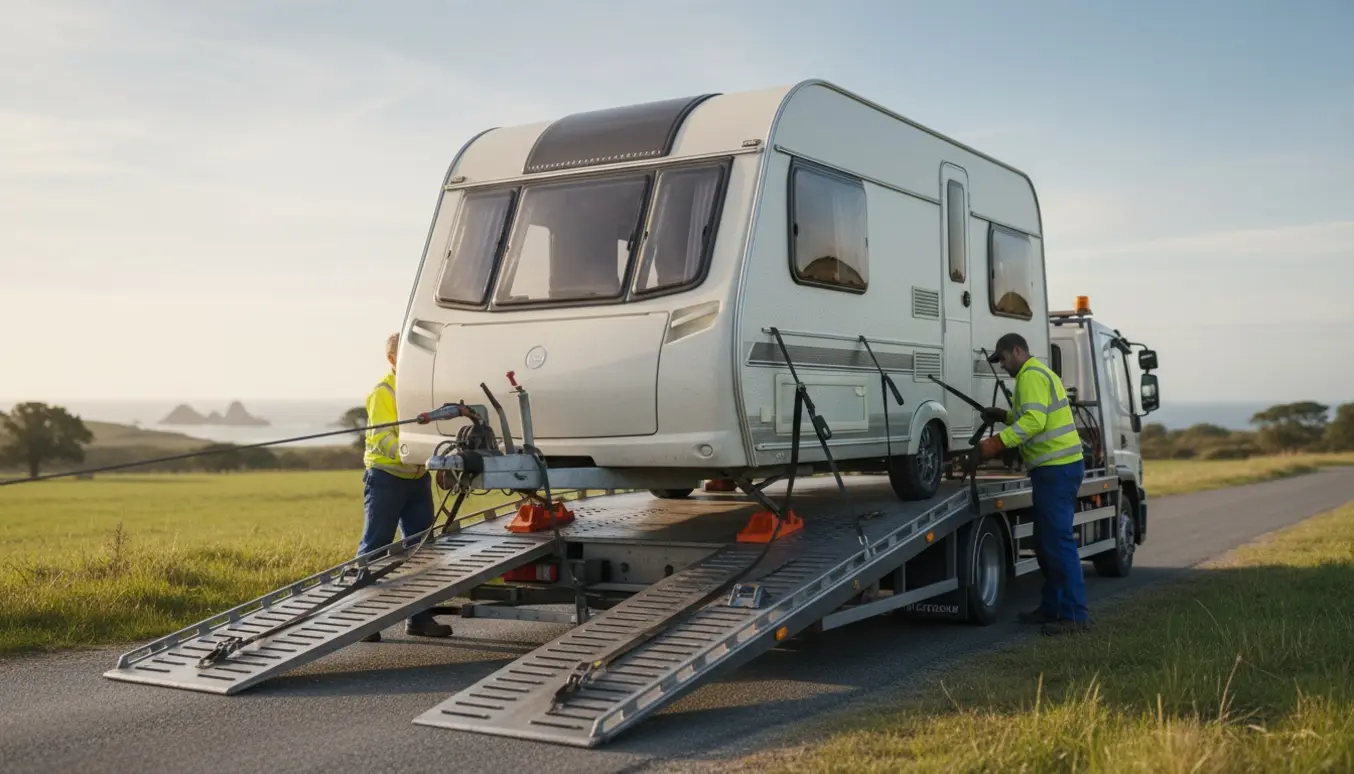 En campingvogn uden nummerplader sikres med stropper på en lav trailer ved en vej under indlæsning.