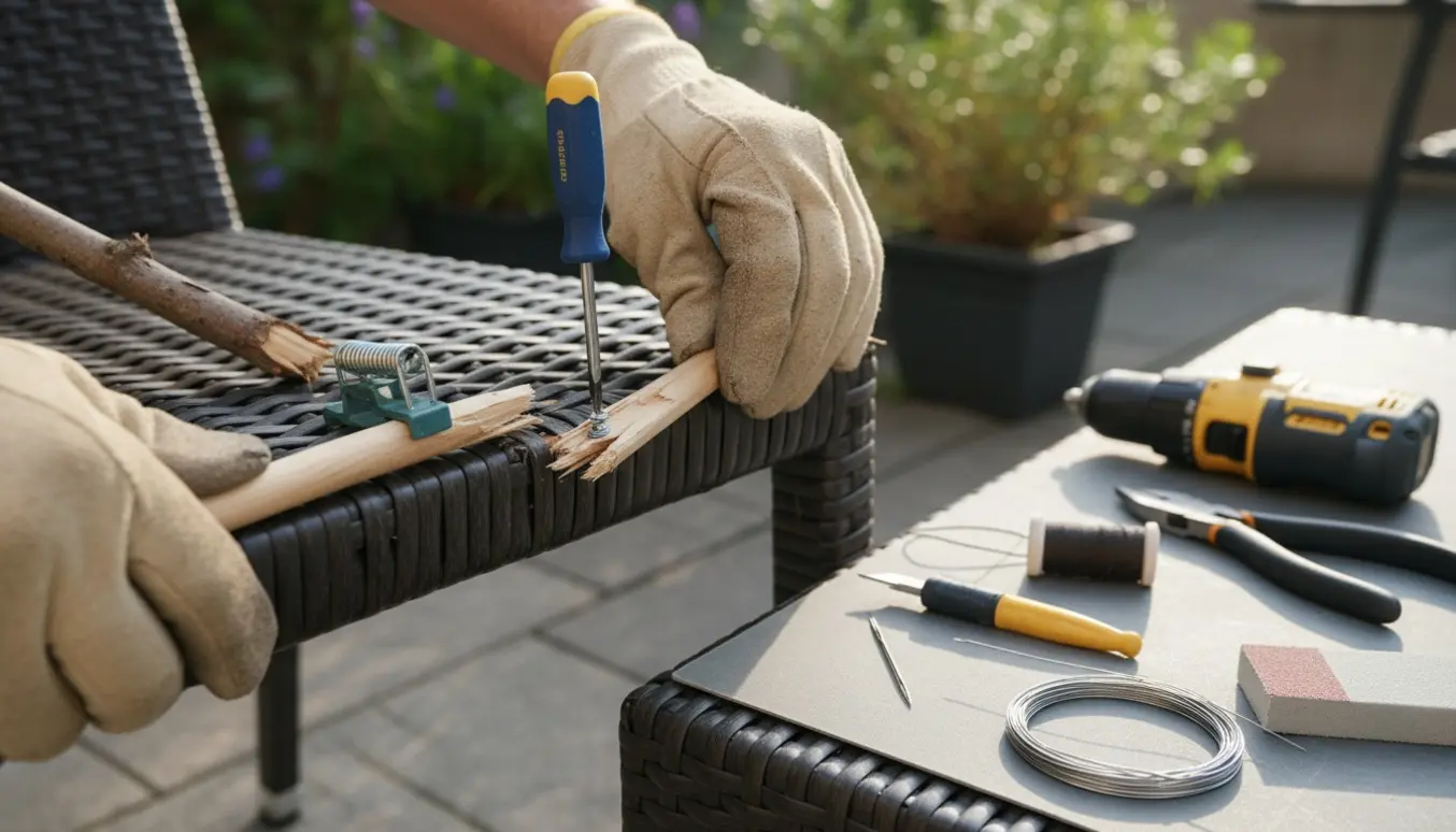 Nærbillede af reparation af polyrattan-havestol, hvor en delt træstav sættes på plads og fastgøres med skruer.