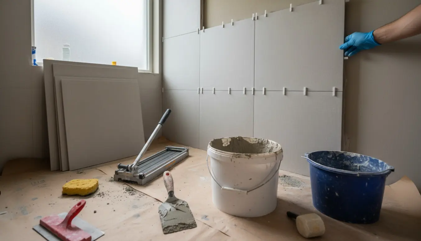 Badeværelse under flisearbejde med fire opsatte fliser, værktøj og materialer klar.