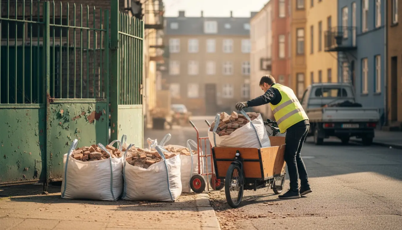 Fire store byggesække med murstensaffald ved en grøn port, mens en ladcykel bliver læsset.