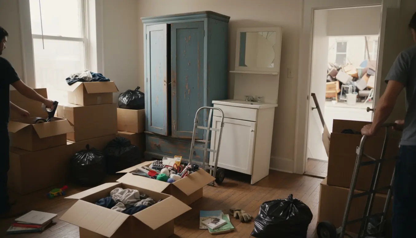 Værelse hvor en person sorterer tøj og kreative materialer i kasser og sække, med to tunge møbler klar ved en åben dør til trappeopgangen.
